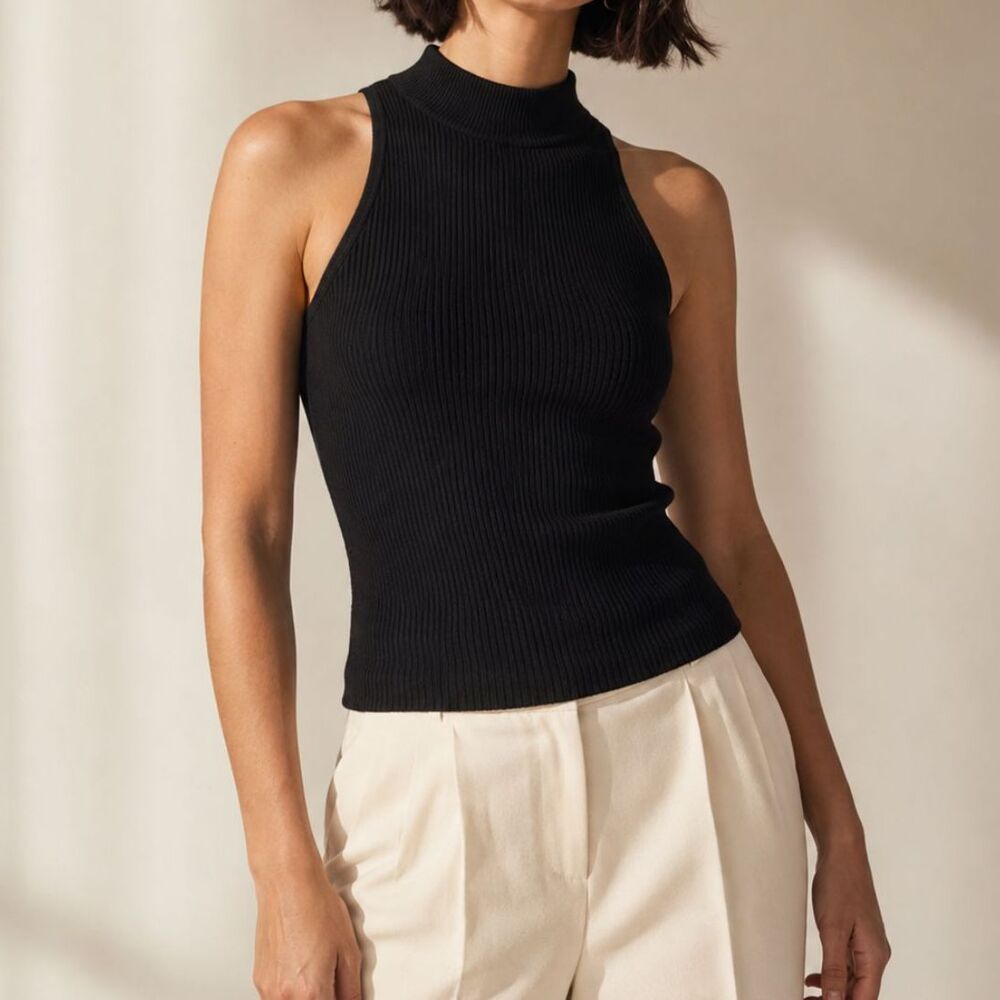 Madewell Slim Mockneck Sweater Tank L Black Ribbed 90s Minimalist